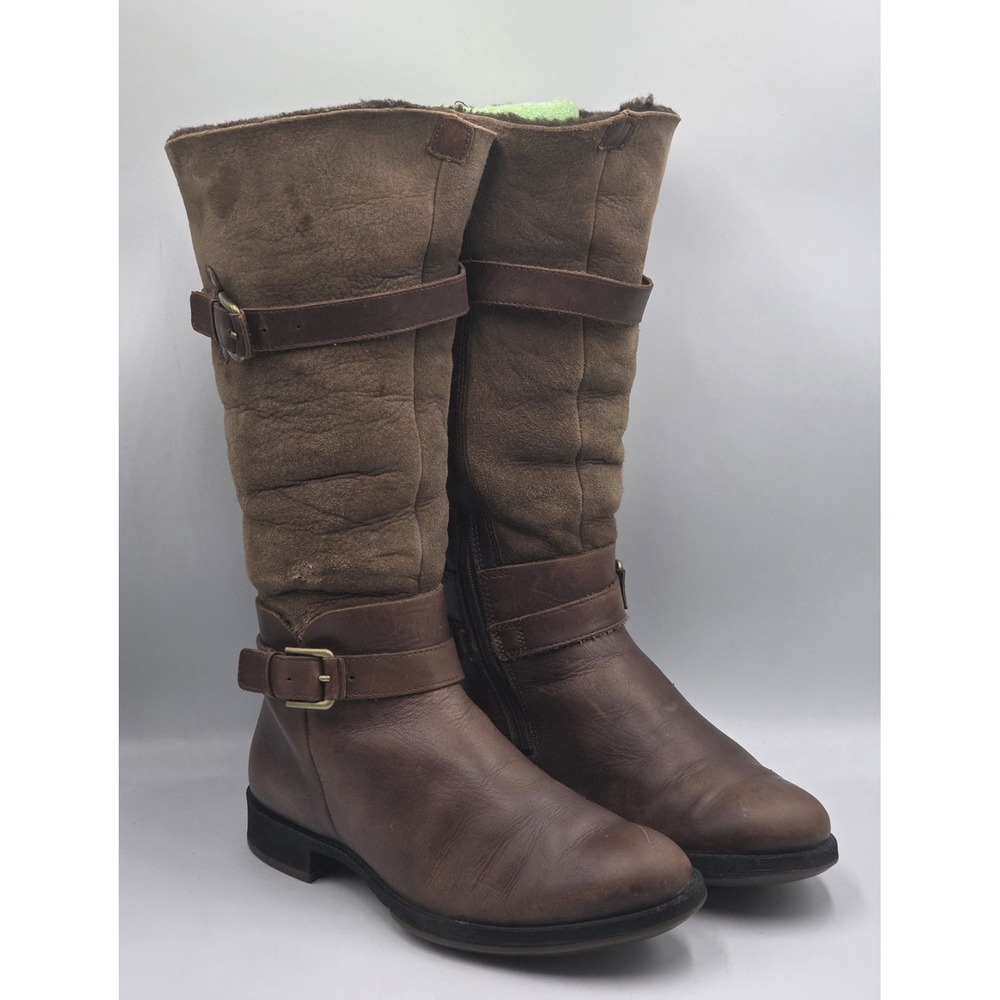 ECCO Saunter Tall Boots Brown Leather Nubuck Quilted Double Buckle US 8 EU 38